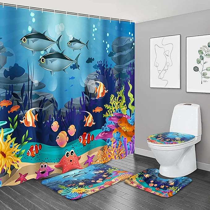 NBVKO 4PCS Cartoon Blue Ocean and Creature Shower Curtain Set with Non-Slip Rugs,Toilet Lid Cover and Bath Mat,Bathroom Decor Accessory Set