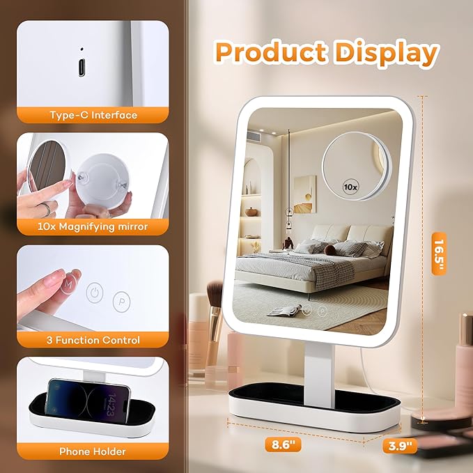 Vanity Mirror with Lights, 1/10X Magnifing，Hollywood Vanity Mirror with 3 Colors Lights & Adjustable, Smart Touch Control Modern Style, Dresser Mount, Bathroom,（16.5" X 9.8" White） Plug in