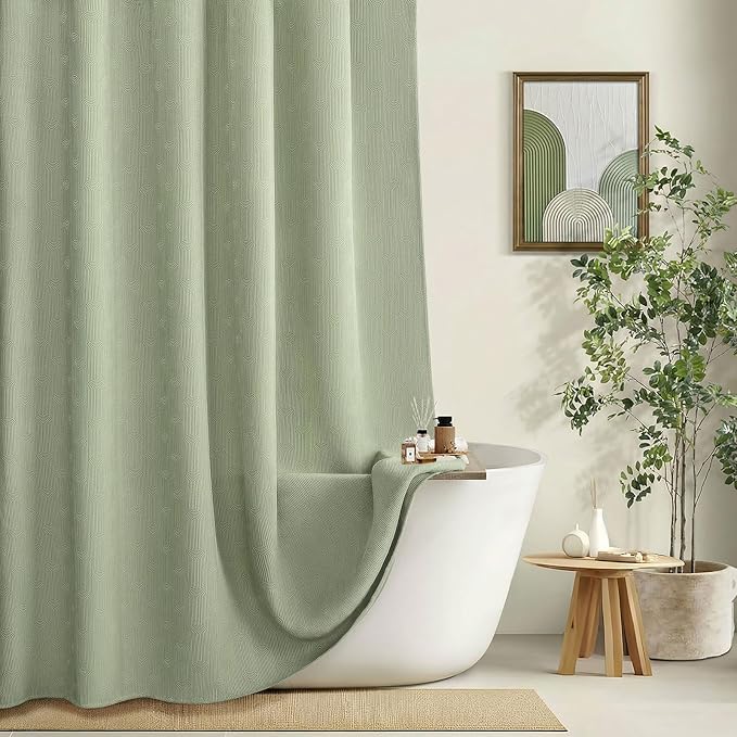 Sage Green Shower Curtain Boho Cotton Texture Mid Century Minimalist Arch Shower Curtain for Bathroom,72" W X 72" L
