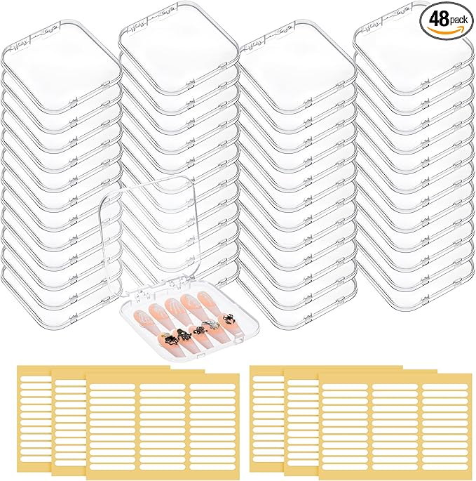 48 PCS Press on Nail Storage Box with 216 PCS Adhesive Double Sided Tape, Nail Packaging for Press Ons Presses on Nails Container Acrylic Nails Display Box for Fake Nailes Storage Display Art Business