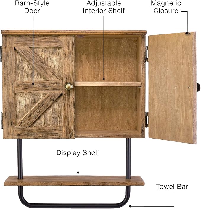 EXCELLO GLOBAL PRODUCTS 17x21'' Barndoor Bathroom Wall Cabinet, Space Saver Storage Cabinet Kitchen Medicine Cabinet with Adjustable Shelf and Towel Bar, Brown