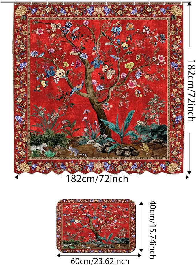 Shower Curtain Set with Non-Slip Quick Dry Rugs16 x 24" and Bathroom Colorful Boho Floral Print Waterproof Fabric Bath Shower Curtain 72" x 72"