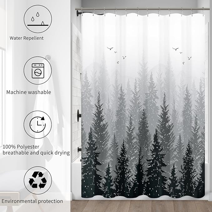 Hokibero Extra Long Shower Curtains 78 Inches Long Mountain Shower Curtain Forest Nature Tree Fabric Curtains for Bathroom Water Repellent Winter Curtain Set Hotel, 72 x 78 inch, Black