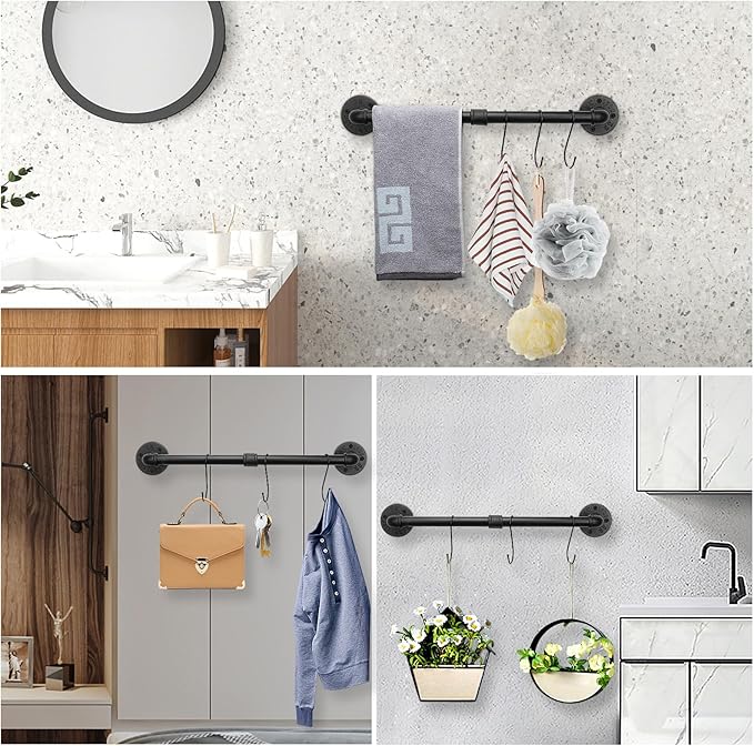 NearMoon Industrial Pipe Towel Bar, Heavy Duty Bathroom Hardware Towel Holder Accessory, Wall Mounted DIY Rustic Iron Bathroom Towel Rack Holder (18 Inch, Black)