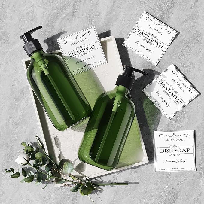 Kzeirm Green Soap Dispenser, Dish & Hand Soap Dispenser Set for Bathroom & Kitchen, Refillable Pump Bottle Dispenser, Plastic Empty Soap and Lotion Dispenser for Liquid, 2 Pcs