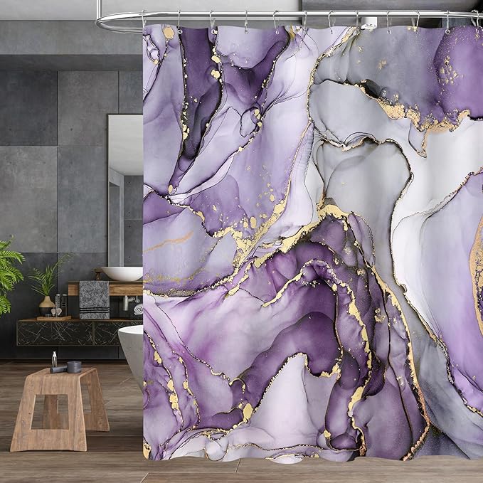 4PCS Purple Gold Marble Bathroom Sets with Shower Curtain and Rugs, Abstract Gold Shower Curtain Sets with Rugs, Modern Bathroom Curtains Shower Set with Toilet Lid Cover