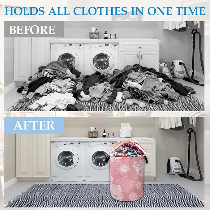 Pink Roses Large Storage Basket Collapsible Laundry Basket Oxford Storage Bin for Toy Bins Gift Baskets Bedroom Clothes Children Nursery Hamper 16" X 20.8"