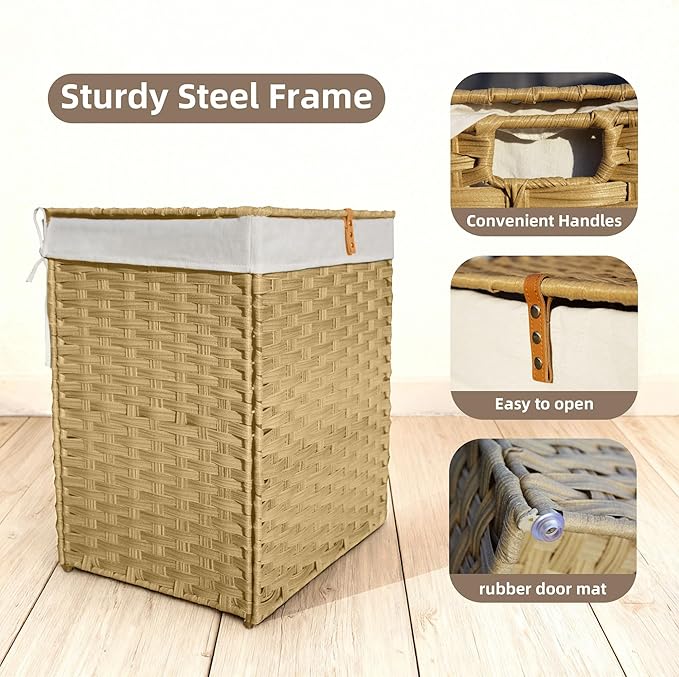Wicker Laundry Hamper with Lid,24Gal (90 L) Rattan Laundry Basket 2 Sections with Lid, Removable Machine Washable Line, Large Clothes Hamper with Handles for Bathroom Bedroom, Yellow