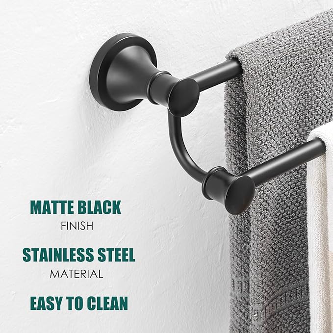 Hoimpro Adjustable Retractable 15-27 Inches Stainless Steel Bathroom Towel Bar, Bathroom Accessories Bath Hotel Double Towel Bar Rod Hanger Wall Mounted Towel Holder Towel Rack, Matte Black