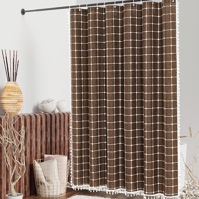 MitoVilla Brown 36 x 72 Boho Small Stall Shower Curtain, Narrow Polyester Linen Fabric Shower Curtains for Farmhouse Bathroom Decor, Half Size Cloth Shower Curtain Set with Hooks