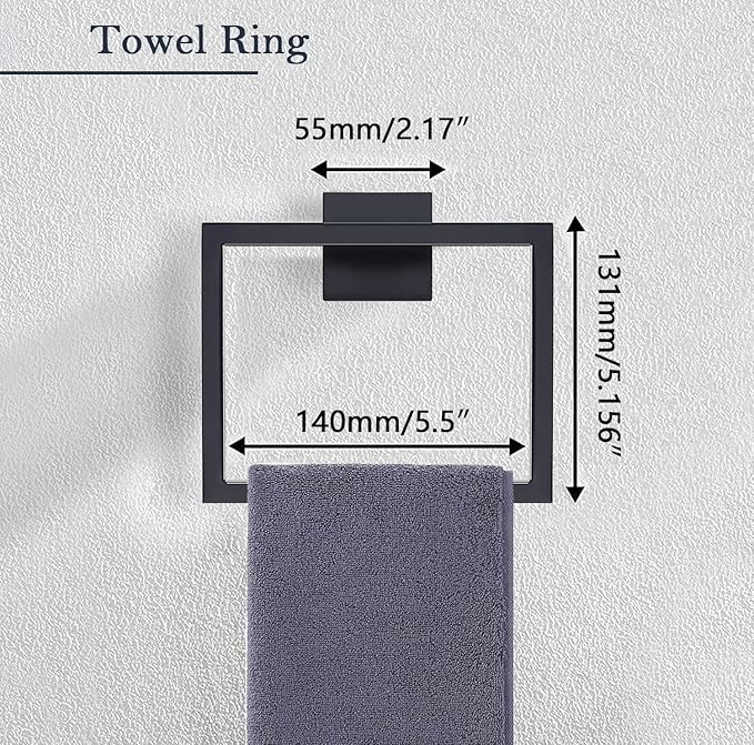 PAHSFS Matte Black Towel Ring - Modern Hand Towel Holder for Bathroom - SUS304 Stainless Steel Bathroom Towel Ring Wall Mounted - Bathroom Towel Rack - Black Towel Hanger