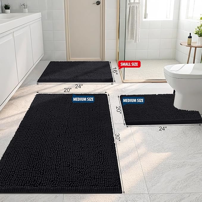 Smiry Luxury Chenille Bathroom Rugs 70x24, Extra Soft and Absorbent Shaggy Bath Mat, Machine Washable, Non-Slip Plush Carpet Runner for Tub, Shower, and Floor, Home Decor Accessories, Black