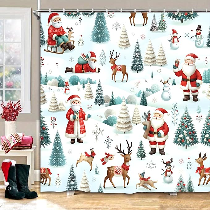 Christmas Shower Curtain，Santa Claus Castle Reindeer Shower Curtain，Winter Pattern Holoday Shower Bathroom Decor For Bathroom ，72x72 Inch Waterproof Polyester Insulated Home Decor Set With Hooks