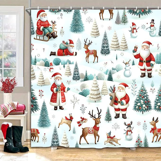 Christmas Shower Curtain，Santa Claus Castle Reindeer Shower Curtain，Winter Pattern Holoday Shower Bathroom Decor For Bathroom ，72x72 Inch Waterproof Polyester Insulated Home Decor Set With Hooks