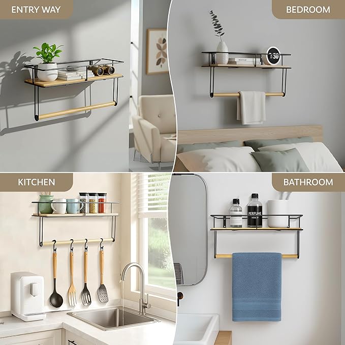 Hand Towel Holder with Wooden Shelf – Wall-Mounted Bathroom Shelf with Towel Bar - Perfect for Shower, Kitchen and Toilet - Matte Black