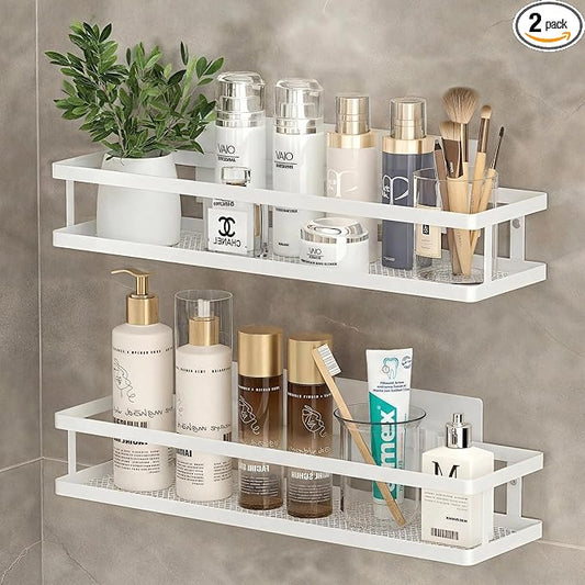 PUSDON 2-Pack 16.5" Extra Long Slim Shower Caddy, Adhesive Wall Mount Bathroom Organizer, Rustproof Open Frame Mesh Spice Rack for Kitchen, Holds 50LBS - White, Guardrail