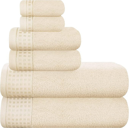 GLAMBURG 100% Cotton Ultra Soft 6 Pack Towel Set, Contains 2 Bath Towels 28x55 Inches, 2 Hand Towels 16x24 Inches & 2 Wash Coths 12x12 Inches, Compact Absorbent Lightweight & Quickdry - Ivory