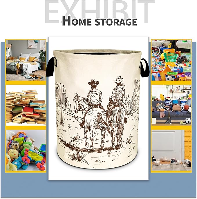 Western Cowboy Laundry Basket Desert Horse Foldable Oxford Cloth Funny Tote Bag Laundry Hamper Clothes Storage Bucket Organizer For Bathroom/Laundry Storage/Bedroom 18.9x16.5 Inch