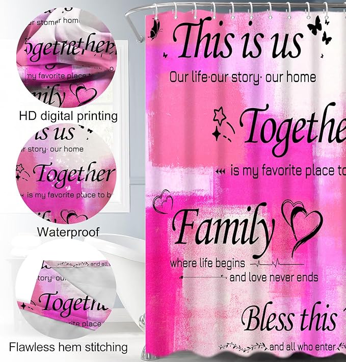 Lnond 4Pcs Bathroom Shower Curtain Sets with Rugs, Pink Motivational Home Family Bathroom Sets with Shower Curtain and Rugs and Accessories