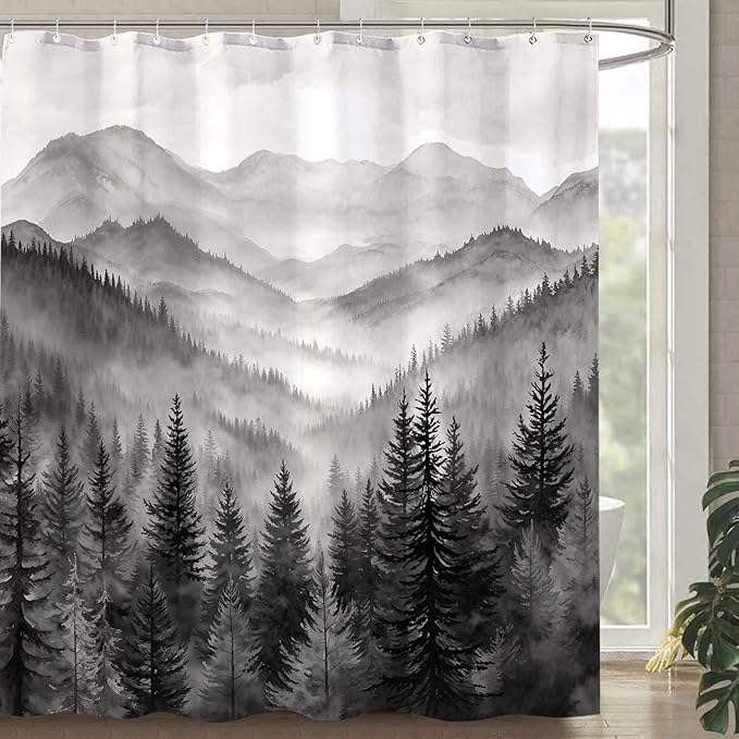 Accnicc Forest Mountain Shower Curtain Black and White Nature Misty Pine Tree Shower Curtains for Bathroom Dark Grey Foggy Rustic Woodland Decorative Waterproof Fabric Bath Curtain Decor 72×72 Inches