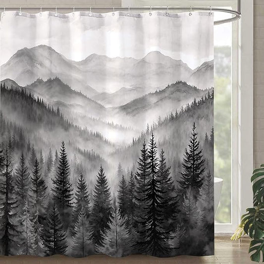 Accnicc Forest Mountain Shower Curtain Black and White Nature Misty Pine Tree Shower Curtains for Bathroom Dark Grey Foggy Rustic Woodland Decorative Waterproof Fabric Bath Curtain Decor 72×72 Inches