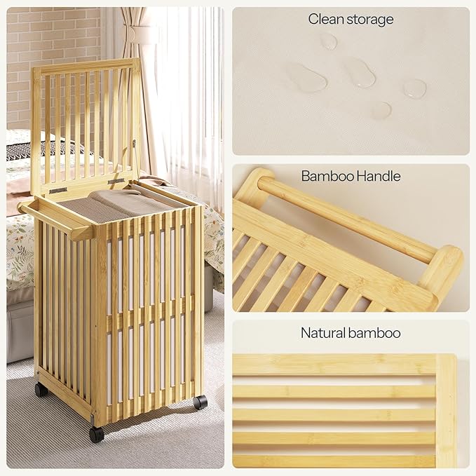 HOOBRO Laundry Hamper with Lid and Wheels, 120 L (31Gal) Double Laundry Basket, Bamboo Clothes Hamper with Handles and Removable Liner, for Laundry Room, Bathroom, Bedroom, Natural YL60XY01