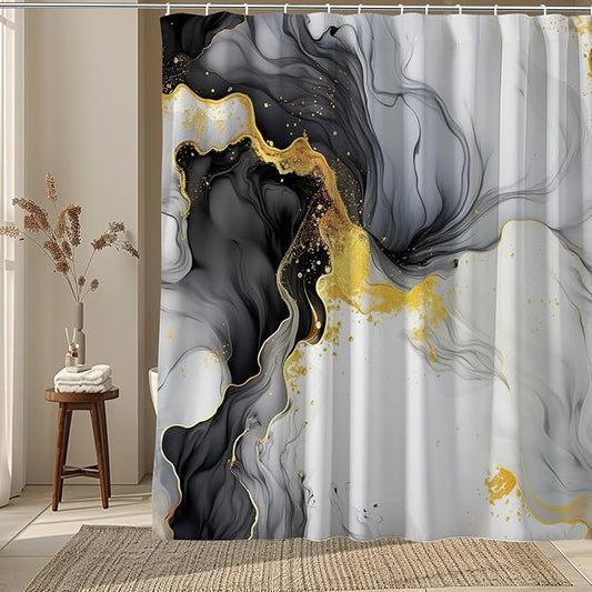 Black and Gold Marble Shower Curtain Abstract Ink Texture Modern Ombre,Neutral Luxury Fabric Shower Curtains for Bathroom Decor 72x72 Inch