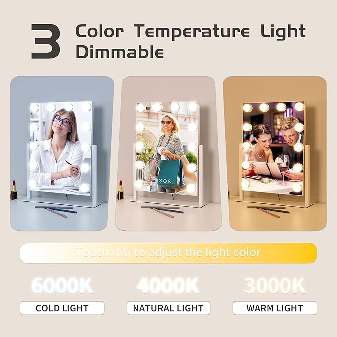 Kotdning Vanity Mirror with Lights,Lighted Vanity Mirror with 12 Dimmable Bulbs for Dressing Room & Bedroom,3 Color Lighting,Modes Detachable 10x Magnification 360°Ratation (White) 14.6" L x 17" W