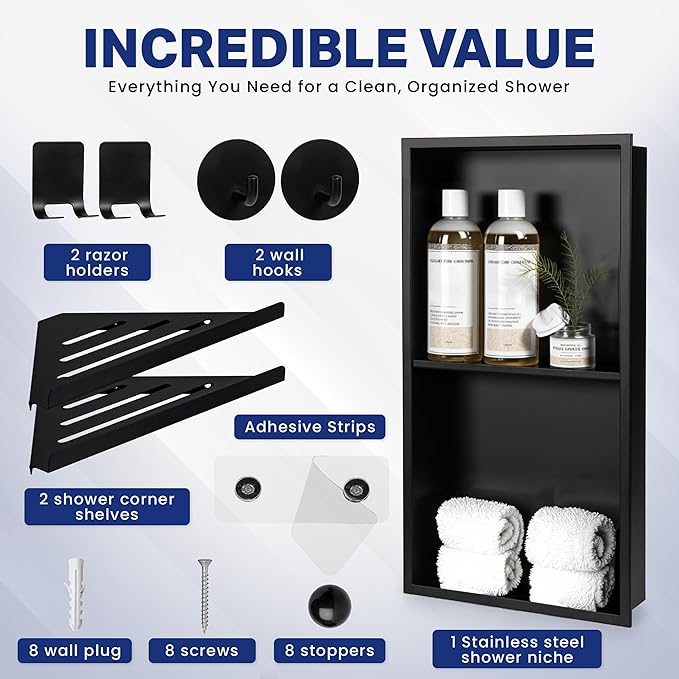Stainless Steel Shower Niche No Tile Needed 24"x12" Inner Size (25.19"x13.19" Outside Size) Matte Black - Niche for Shower Wall - Bathroom Niches - Includes Corner Shelves Razor Holders and Wall Hooks
