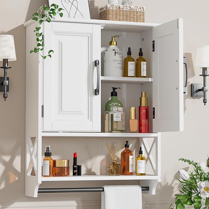 Farmhouse Bathroom Wall Cabinet with Tower Bar, 20"x25" Wall Storage Cabinet with Barn Doors & 3 Point Adjustable Shelf, 3-Tier Wall Mounted Medicine Cabinet for Bathroom Kitchen Living Room