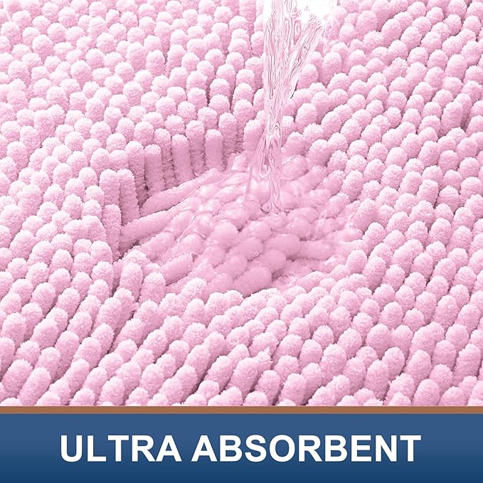 Smiry Luxury Chenille Bathroom Rugs 47x20, Extra Soft and Absorbent Shaggy Bath Mat, Machine Washable, Non-Slip Plush Carpet Runner for Tub, Shower, and Floor, Home Decor Accessories, Pink