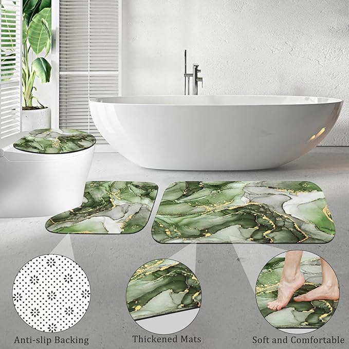 4PCS Olive Green Marble Bathroom Sets with Shower Curtain and Rugs, Abstract Shower Curtain Sets with Rugs, Gold Bathroom Curtains Shower Set with Toilet Lid Cover Accessories