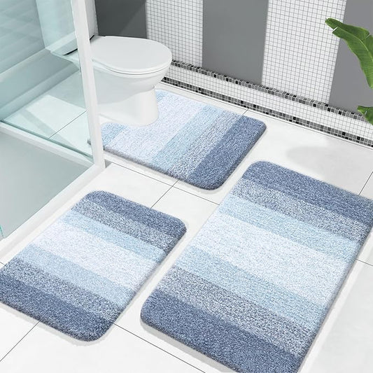 OLANLY Bathroom Rugs Sets 3 Piece, Soft Absorbent Microfiber Bath Mats and U-Shaped Contour Toilet Rug, Plush Shaggy Bath Mat Set for Bathroom (30"x20"+24"x16"+24"x20", Blue)
