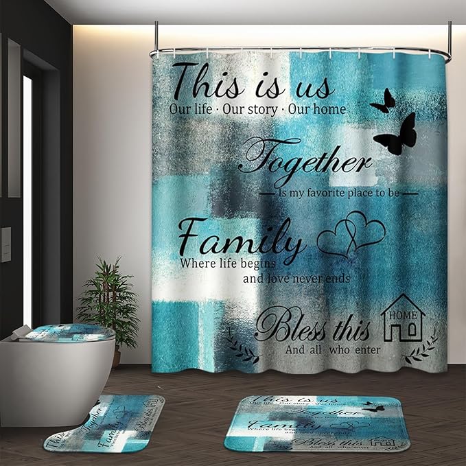 Family Home Motivational Shower Curtain Set with Toilet Lid Cover and Non-Slip Rugs for Bathroom, Turquoise Teal Abstract Painting Art 4 Pcs Shower Curtain, Modern Bathroom Set with 12 Hooks