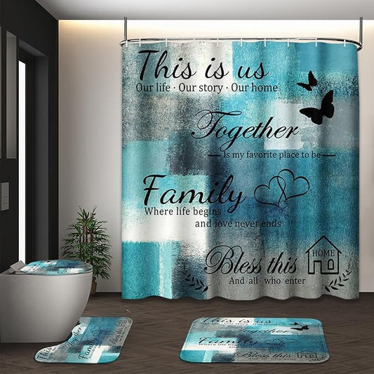 Family Home Motivational Shower Curtain Set with Toilet Lid Cover and Non-Slip Rugs for Bathroom, Turquoise Teal Abstract Painting Art 4 Pcs Shower Curtain, Modern Bathroom Set with 12 Hooks