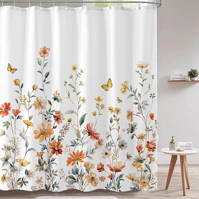 Aipon Watercolor Floral Shower Curtain Colorful Wildflower Shower Curtains for Bathroom Boho Pink Orange Spring Flower Butterfly Botanical Waterproof Fabric Bath Curtain Decor 72 X 72 Inches