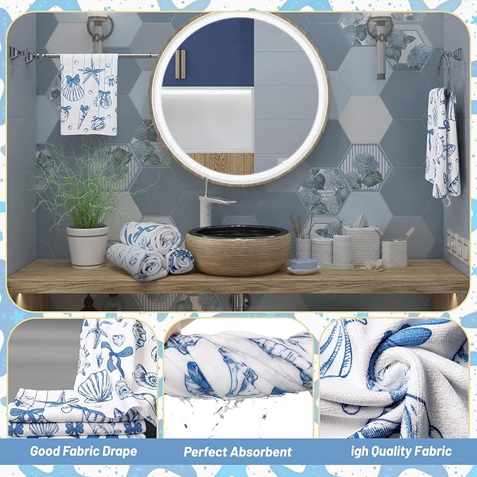 Tatuo 8 Pcs Beach Shower Curtain Set Blue Bow Ocean Bathroom Accessories Sets Coquette Starfish Coastal Waterproof Shower Curtain with Towels Carpet Bath Mat Toilet Rug 12 Hooks for Summer Beach Party