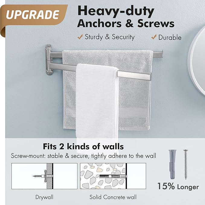 KES Bathroom Towel Rack, 15.5-Inch Swivel Towel Rack 2-Arm, Swing Out Double Towel Bar Wall Mounted, SUS304 Stainless Steel Brushed Finish, A2104S2L40-2