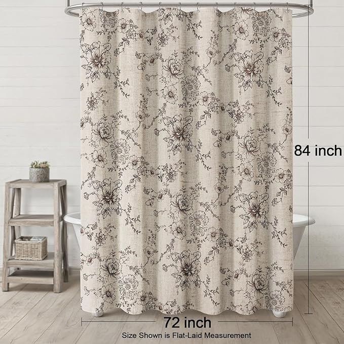 Farmhouse Floral Linen Shower Curtain, Vintage Brown Pattern Rustic Shower Curtains for Bathroom, Tan Taupe,72x84