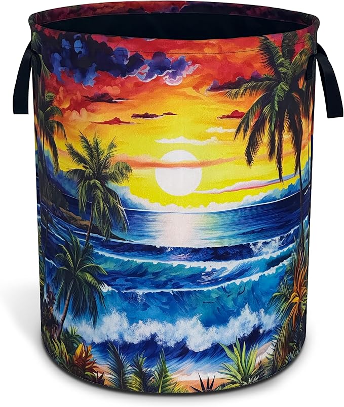 Ocean Waves Laundry Basket Funny Hawaii Sunset Foldable Waterproof Oxford Cloth Tote Bag Laundry Hamper Large Clothes Storage Bucket Toy Organizer For Bathroom/Laundry Storage/Bedroom 18.9x16.5 Inch