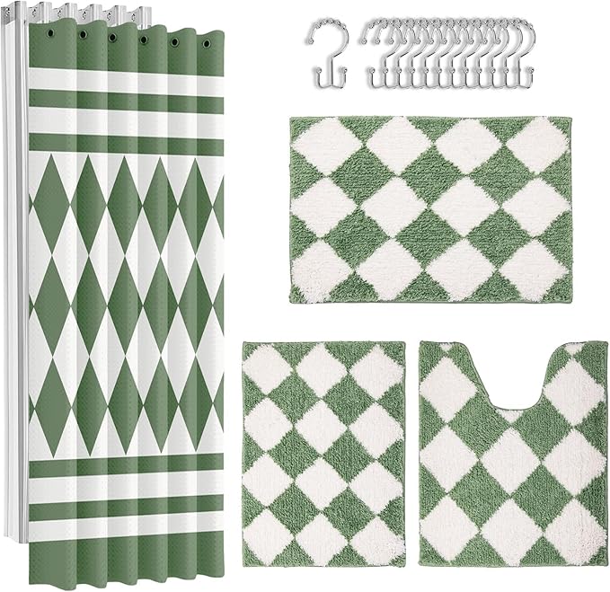 Britimes Sage Green Bathroom Sets with Shower Curtain and Rugs, Modern Geometric Striped Waterproof Shower Curtain Liner and Soft Non Slip Bath Mat for Bathroom Decor and Accessories Hooks