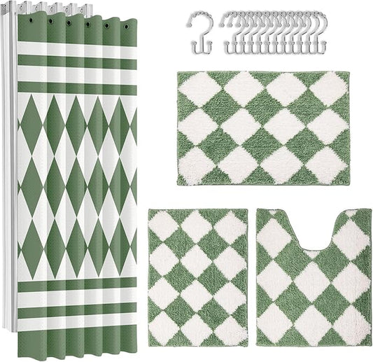 Britimes Sage Green Bathroom Sets with Shower Curtain and Rugs, Modern Geometric Striped Waterproof Shower Curtain Liner and Soft Non Slip Bath Mat for Bathroom Decor and Accessories Hooks