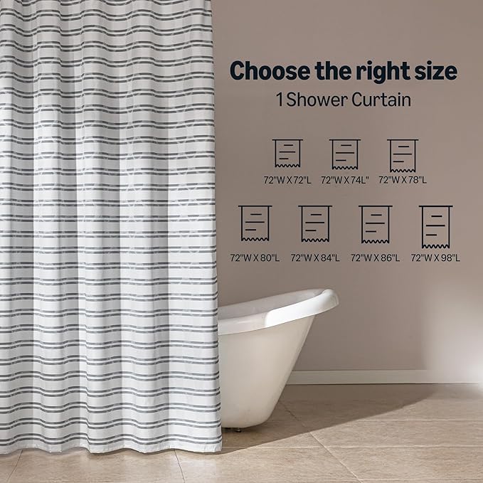 Amazon Basics Geometric Jacquard Fabric Shower Curtain for Bathroom, Lightweight, Waterproof and Washable, 72" W x 86" L, Grey Striped