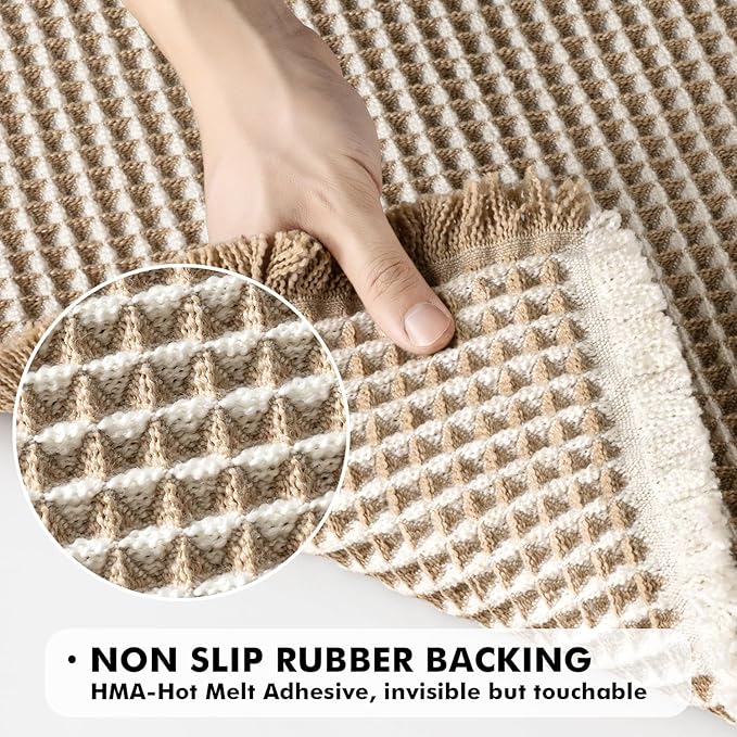 MIULEE Set of 2 Waffle Bathroom Rugs, Boho Bath Rugs Non Slip Washable, Super Absorbent Bath Mats, Ultra Soft Rubber Backed Shower Mats for Bathroom Floor, Tub, Brown & White, 18x30 Inch