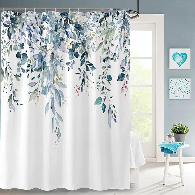 kampdream Teal Blue Plant Shower Curtain, Watercolor Eucalyptus Leaves On The Top Botanical Bathroom Shower Curtain 72 ×72 Inch
