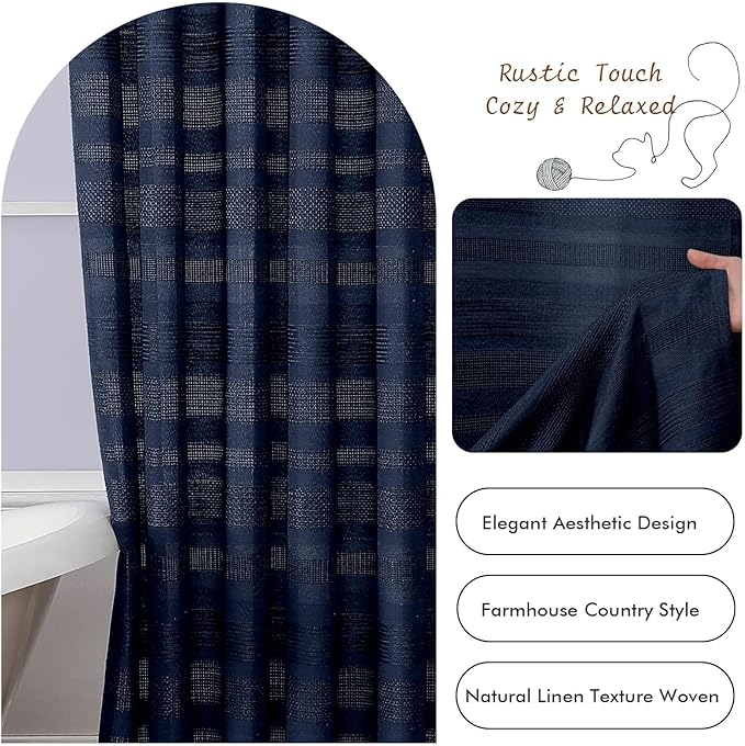 OVZME Extra Long Boho Shower Curtain 84 Inch Long, Modern Farmhouse Heavy Duty Linen Textured Soft Fabric, Rustic Country Cloth Shower Curtain with Tassel for Bathroom Hotel, 72Wx84L, Navy Blue