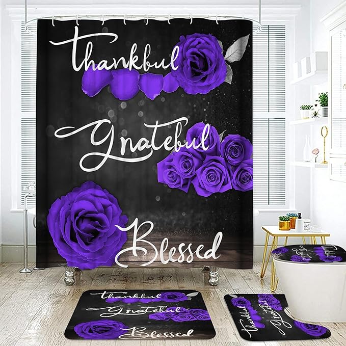 Onalasyc 4Pcs Purple Rose Shower Curtain Set with Rugs Waterproof Bathroom Sets with Shower Curtain and Rugs Romantic Rose Floral, Thankful Grateful Blessed Bathroom Curtains Shower Set,with 12 Hooks