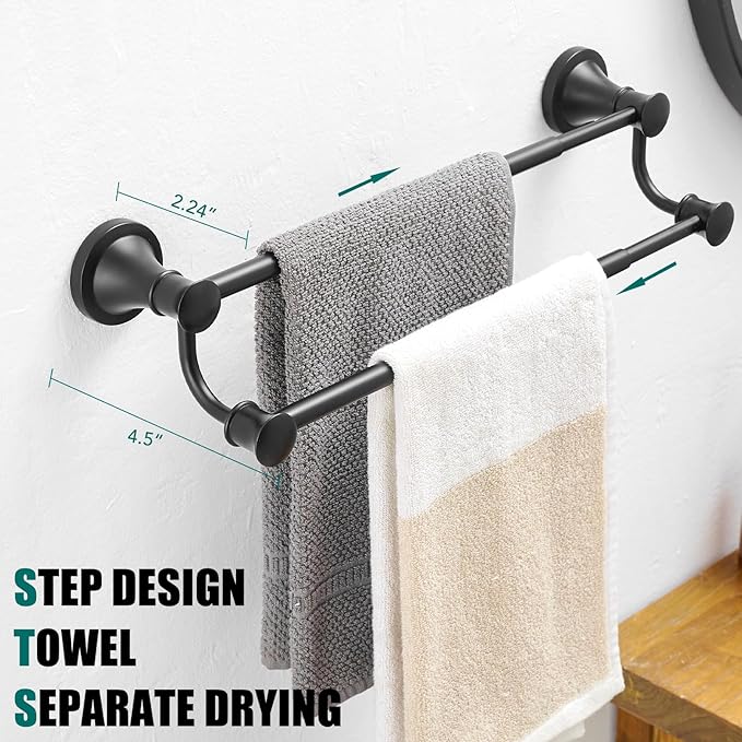 Hoimpro Adjustable Retractable 15-27 Inches Stainless Steel Bathroom Towel Bar, Bathroom Accessories Bath Hotel Double Towel Bar Rod Hanger Wall Mounted Towel Holder Towel Rack, Matte Black
