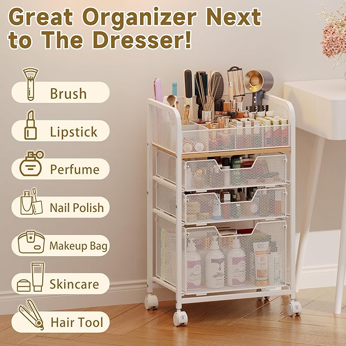 Makeup Cart Organizer with 3 Drawers, Under Desk Storage Drawers,Floor Skincare & Makeup Organizer, Vanity Storage for Cosmetics, Nail Polish, Perfume, Makeup Brushes, Hair Tools, White