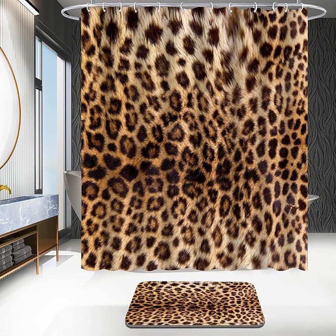 4 PCS Leopard Shower Curtain Cheetah Print Shower Curtain Sets Non Slip Bathroom Rugs Soft Plush Bath Mat Toilet Lid Cover Animal Print Shower Curtain with 12 Hooks for Bathroom Tub, Brown